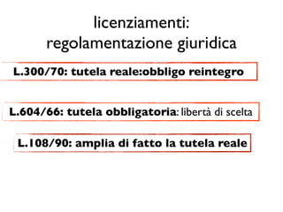 licenziamenti:
       regolamentazione giuridica
L.300/70: tutela reale:obbligo reintegro


L.604/66: tutela obbligatoria: libertà di scelta

 L.108/90: amplia di fatto la tutela reale
 
