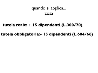 quando si applica...
                     cosa

tutela reale: + 15 dipendenti (L.300/70)

tutela obbligatoria:- 15 dipendenti (L.604/66)
 