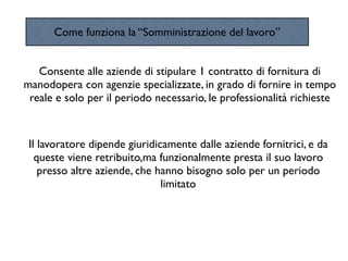Come funziona la “Somministrazione del lavoro”


   Consente alle aziende di stipulare 1 contratto di fornitura di
manodopera con agenzie specializzate, in grado di fornire in tempo
 reale e solo per il periodo necessario, le professionalità richieste



 Il lavoratore dipende giuridicamente dalle aziende fornitrici, e da
   queste viene retribuito,ma funzionalmente presta il suo lavoro
    presso altre aziende, che hanno bisogno solo per un periodo
                               limitato
 