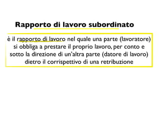 Rapporto di lavoro subordinato
è il rapporto di lavoro nel quale una parte (lavoratore)
   si obbliga a prestare il proprio lavoro, per conto e
 sotto la direzione di un’altra parte (datore di lavoro)
        dietro il corrispettivo di una retribuzione
 