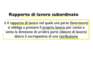 Rapporto di lavoro subordinato
è il rapporto di lavoro nel quale una parte (lavoratore)
   si obbliga a prestare il proprio lavoro, per conto e
 sotto la direzione di un’altra parte (datore di lavoro)
        dietro il corrispettivo di una retribuzione
 