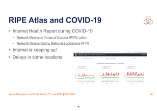 Vesna Manojlovic and Emile Aben | 17 June 2020 | IMV 2020
RIPE Atlas and COVID-19
• Internet Health Report during COVID-19
- Network Delays in Times of Corona (RIPE Labs)
- Network Delays During National Lockdowns (IHR)
• Internet is keeping up!
• Delays in some locations
36
36
 