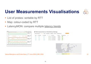 Vesna Manojlovic and Emile Aben | 17 June 2020 | IMV 2020
User Measurements Visualisations
• List of probes: sortable by RTT
• Map: colour-coded by RTT
• LatencyMON: compare multiple latency trends
51
51
 