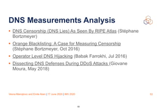 Vesna Manojlovic and Emile Aben | 17 June 2020 | IMV 2020
DNS Measurements Analysis
• DNS Censorship (DNS Lies) As Seen By RIPE Atlas (Stéphane
Bortzmeyer)
• Orange Blacklisting: A Case for Measuring Censorship
(Stéphane Bortzmeyer, Oct 2016)
• Operator Level DNS Hijacking (Babak Farrokhi, Jul 2016)
• Dissecting DNS Defenses During DDoS Attacks (Giovane
Moura, May 2018)
53
53
 