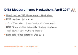 Vesna Manojlovic and Emile Aben | 17 June 2020 | IMV 2020
DNS Measurements Hackathon, April 2017
• Results of the DNS Measurements Hackathon
• DNS resolver hijack tester
- Out of 6,700 probes, 113 were “suspicious” or “being weird”,
• DNS Fingerprinting to identify hijacked resolvers
- Top-5 countries were: VN, MG, IQ, ID and KR
• Data sets for researchers, Dec 2018
54
54
 