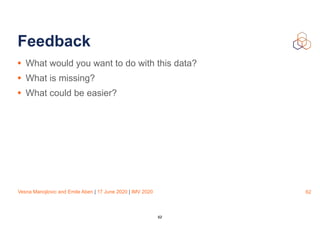 Vesna Manojlovic and Emile Aben | 17 June 2020 | IMV 2020
Feedback
• What would you want to do with this data?
• What is missing?
• What could be easier?
62
62
 
