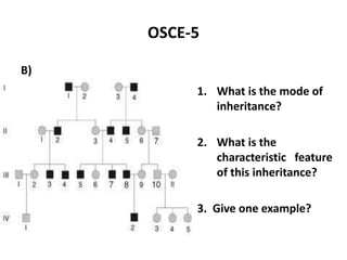 OSCE-5
B)
1. What is the mode of
inheritance?
2. What is the
characteristic feature
of this inheritance?
3. Give one example?
 