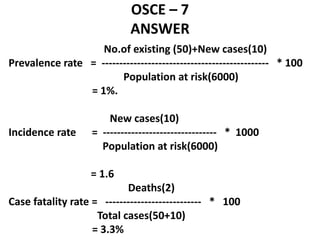 OSCE – 7
ANSWER
No.of existing (50)+New cases(10)
Prevalence rate = ----------------------------------------------- * 100
Population at risk(6000)
= 1%.
New cases(10)
Incidence rate = -------------------------------- * 1000
Population at risk(6000)
= 1.6
Deaths(2)
Case fatality rate = --------------------------- * 100
Total cases(50+10)
= 3.3%
 