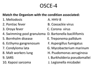 OSCE-4
Match the Organism with the condition associated:
1. Meliodosis A. HHV-8
2. Pontiac fever B. Coxsackie virus
3. Oroya fever C. Corona virus
4. Swimming pool granuloma D. Bartonella bacillifomis
5. Bornholm disease E. Treponema pallidum
6. Ecthyma gangrenosum F. Aspergillus fumigatus
7. Condyloma lata G. Mycobacterium marinum
8. Malt workers lung H. Psudomonas aeruginosa
9. SARS I. Burkholderia pseudomallei
10. Kaposi sarcoma J. Legionella micdadei
 