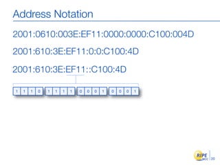 Address Notation
2001:0610:003E:EF11:0000:0000:C100:004D
2001:610:3E:EF11:0:0:C100:4D

2001:610:3E:EF11::C100:4D

1   1   1   0   1   1   1   1   0   0   0   1   0   0   0   1




                                                                20
 