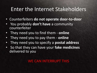 Enter the Internet Stakeholders
• Counterfeiters do not operate door-to-door
• You probably don’t have a community
counterfeiter
• They need you to find them - online
• They need you to pay them - online
• They need you to specify a postal address
• So that they can have your fake medicines
delivered to you
WE CAN INTERRUPT THIS
 