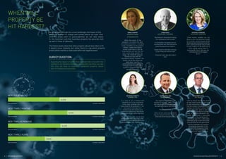 8 | RIPEHOUSE ADVISORY COVID-19 VS AUSTRALIAN PROPERTY | 9
ANNA COOPER
RIPEHOUSE & FORMER
API MAGAZINE EDITOR
“While the impact of the
pandemic on stocks has been
immediate and drastic, I anticipate
a lag in its effect on the property
market. I expect this “safe as
houses” asset class to hold up
comparatively well over the next
one to even three months. The
longer the COVID-19 outbreak
maintains a hold over the
Australian economy; however, the
greater we will see values and
yields drop. I see this
unprecedented event making its
strongest mark on our property
market in 12 months’ time and
potentially beyond.”
MIKE MORTLOCK
CEO - MCG QS
“I feel as though the timeline will be
at least three months as we’ll need
to see transactions hit the market
that are a result of hardship to start
seeing a real decline in prices. Most
people that don’t need to sell will
likely hold on until they’re confident
there is sufficient demand in the
market to guarantee a reasonable
sale price. If the unemployment
rate climbs over 11%, I think we’re
definitely going to see some solid
price declines but the government
stimulus packages are certainly
throwing the equivalent of the
kitchen sink at ensuring things
return as closely as possible to
normal on the other side of the
pandemic.”
VERONICA MORGAN
BUYERS AGENT, GOOD DEEDS
“Three months probably too soo
Banks to offer the repayment holiday
for 6 months, and businesses will be
keeping people employed during this
time. Some businesses may be able
to start trading on the back end of
this 6 months period. Hard to
know exactly how it will pan out,
unemployment is the biggest
factor.”
CHRIS GRAY
BUYERS AGENT, YOUR EMPIRE
“Now we are in the period of asking
“Is it really going to be the bad?”
In 3-6 months, if investors are not
receiving their rent, then this will hit
unless the government steps in.
People need to calm down and wait
to see if they are forced to sell.
If they don’t sell, they don’t take a
loss.”
DAMIAN COLLINS
REIWA PRESIDENT
“Any negative impact will not be
happening overnight. What you will
see is buyers sitting on their hands,
and sellers sitting on their hands.
Mutual withdrawal.
There will be some properties hit-
ting the market that have to sell and
there will not be enough buyers.”
DR MARIA YANOTTI
ECONOMIST, UTAS
“It is hard to put a timeline with
COVID-19 due to the uncertainty
in the many variables that are
associated to the pandemic. If the
tatus quo for the longer term
remains to be self-isolation and
movement restrictions, then the hit
will happen sooner rather than later.
This is most likely the case as there
doesn’t seem to be many other alter-
natives to control the pandemic and
vaccines seem to be further away.”
WHEN WILL
PROPERTY BE
HIT HARDEST?
As we navigate through the current landscape, the impact of this
pandemic appears to change and mutate before our eyes. And,
while this global event is unprecedented, we can take solace
in the historical truth that Australian property has generally held
up well in times of adversity.
The history books show that when property values have taken a hit,
it doesn’t occur instantly, but rather there is a lag where property
prices soften months or even years after the negative event.
SURVEY QUESTION:
Assuming the impact of COVID-19 on Australia falls in line with that
outlined in our Baseline Scenario - please rate the effect you feel
this virus will have on Australian residential property values
over the following time periods:
NEXT FOUR WEEKS
VERY LOW IMPACT EXTREMLY HIGH IMPACT
5.3/10
NEXT THREE MONTHS
VERY LOW IMPACT EXTREMLY HIGH IMPACT
6.1/10
NEXT TWELVE MONTHS
VERY LOW IMPACT EXTREMLY HIGH IMPACT
5.4/10
NEXT THREE YEARS
VERY LOW IMPACT EXTREMLY HIGH IMPACT
3.8/10
 