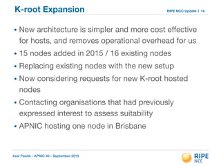 Axel Pawlik - APNIC 40 - September 2015
RIPE NCC UpdateK-root Expansion
• New architecture is simpler and more cost eﬀective
for hosts, and removes operational overhead for us

• 15 nodes added in 2015 / 16 existing nodes

• Replacing existing nodes with the new setup

• Now considering requests for new K-root hosted
nodes

• Contacting organisations that had previously
expressed interest to assess suitability

• APNIC hosting one node in Brisbane
14
 