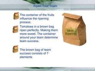 Ripen Your Team,[object Object],The container of the fruits influence the ripening process.,[object Object],Tomatoes in a brown bag ripen perfectly. Making them more sweet. The container around your team determine team success.,[object Object],The brown bag of team success consists of 7 elements,[object Object]
