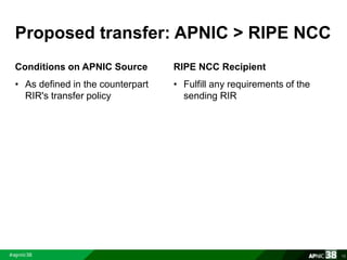 Proposed transfer: APNIC > RIPE NCC 
Conditions on APNIC Source 
• As defined in the counterpart 
RIR's transfer policy 
R...