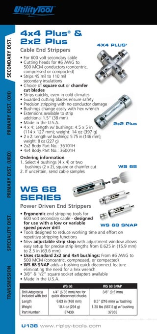 U138 www.ripley-tools.com
WS 68
SERIES
Power Driven End Strippers
• Ergonomic end stripping tools for
600 volt secondary cable - designed
for use with a low or variable
speed power drill
• Tools designed to reduce working time and effort on
repetitive stripping functions
• New adjustable strip stop with adjustment window allows
easy setup for precise strip lengths from 0.625 in (15.9 mm)
to 2.5 in (63.6 mm)
• Uses standard 2x2 and 4x4 bushings: From #6 AWG to
500 MCM (concentric, compressed, or compacted)
• WS 68 SNAP adds a bushing quick disconnect feature
eliminating the need for a hex wrench
• 3/8”  1/2” square socket adapters available
• Made in the U.S.A.
4x4 Plus®

2x2 Plus
Cable End Strippers
• For 600 volt secondary cable
• Cutting heads for #6 AWG to
500 MCM conductors (concentric,
compressed or compacted)
• Strips 45 mil to 110 mil
secondary insulations
• Choice of square cut or chamfer
cut blades
• Strips quickly, even in cold climates
• Guarded cutting blades ensure safety
• Precision stripping with no conductor damage
• Bushings change easily with hex wrench
• Extensions available to strip
additional 1.5” (38 mm)
• Made in the U.S.A.
• 4 x 4: Length w/ bushings: 4.5 x 5 in
(114 x 127 mm); weight: 14 oz (397 g)
• 2 x 2: Length w/ bushings: 5.75 in (146 mm);
weight: 8 oz (227 g)
• 2x2 Body Part No.: 36101H
• 4x4 Body Part No.: 36001H
Ordering information
1. Select 4 bushings (4 x 4) or two
bushings (2 x 2), square or chamfer cut
2. If uncertain, send cable samples
2x2 Plus
WS 68
WS 68 SNAP
4X4 PLUS®
	 WS 68	 WS 68 SNAP
Drill Adapter(s)	 1/4” (6.35 mm) hex for	 3/8” (9.5 mm)	
Included with tool	 quick disconnect chucks
Length	 6.63 in (168 mm)	 8.5” (216 mm) w/ bushing	
Weight	 10.4 oz (294 g)	 1.25 lbs (567.5 g) w/ bushing
Part Number	 37430	 37955
SECONDARYDIST.PRIMARYDIST.(OH)PRIMARYDIST.(URD)SPECIALITYDIST.TRANSMISSION
WWW.CABLEJOINTS.CO.UK
THORNE  DERRICK UK
TEL 0044 191 490 1547 FAX 0044 477 5371
TEL 0044 117 977 4647 FAX 0044 977 5582
WWW.THORNEANDDERRICK.CO.UK
 