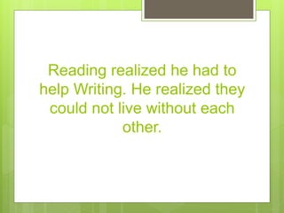 Reading realized he had to
help Writing. He realized they
could not live without each
other.
 
