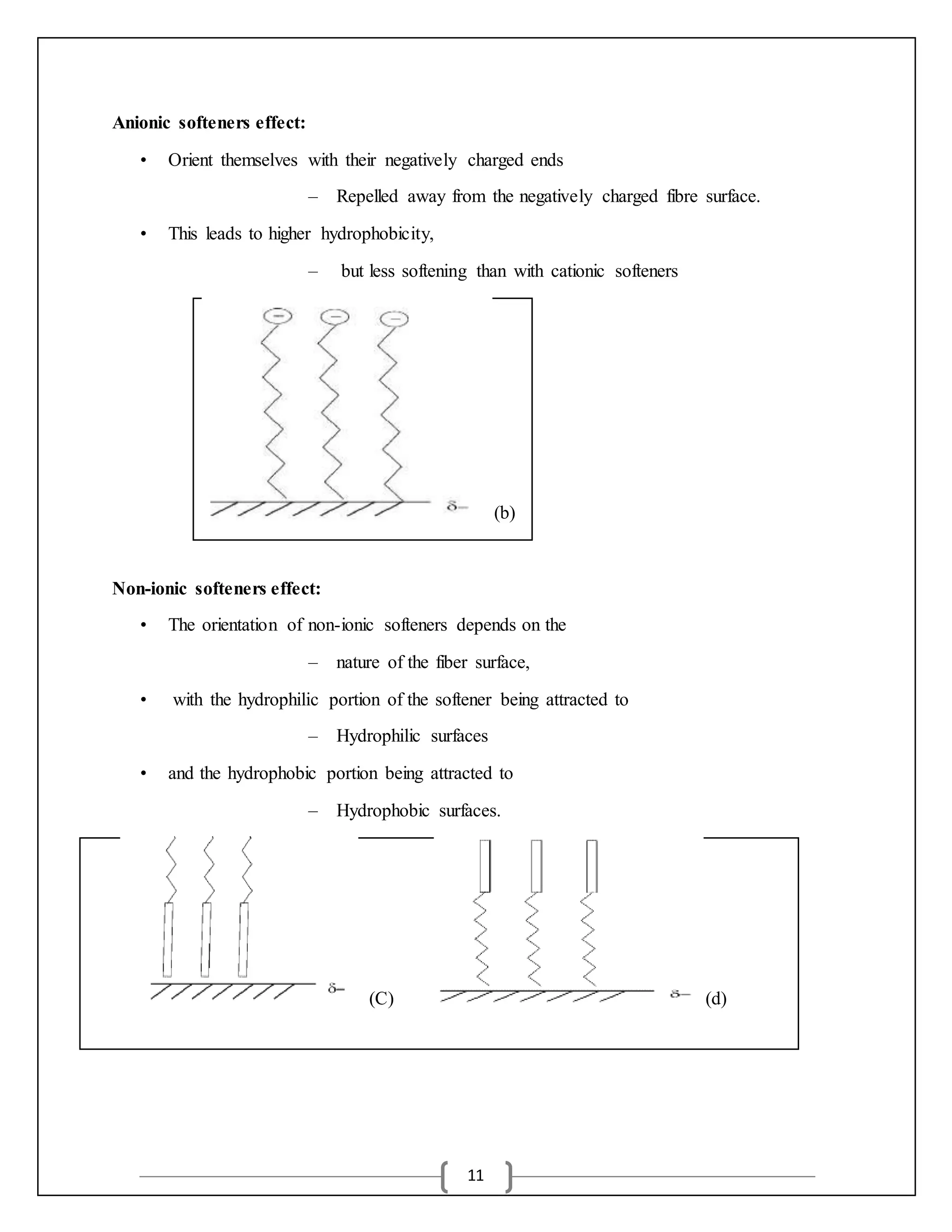 11
Anionic softeners effect:
• Orient themselves with their negatively charged ends
– Repelled away from the negatively charged fibre surface.
• This leads to higher hydrophobicity,
– but less softening than with cationic softeners
(b)
Non-ionic softeners effect:
• The orientation of non-ionic softeners depends on the
– nature of the fiber surface,
• with the hydrophilic portion of the softener being attracted to
– Hydrophilic surfaces
• and the hydrophobic portion being attracted to
– Hydrophobic surfaces.
(C) (d)
 