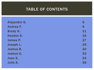 Alejandro G. 5
Andrea F. 9
Brady H. 11
Hayden S. 16
James P. 17
Joseph L. 25
Joshua B. 30
Joshua G. 32
Juan S. 34
Julie A. 36
TABLE OF CONTENTS
 