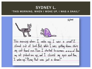 SYDNEY L.
“THIS MORNING, WHEN I WOKE UP, I WAS A SNAIL!”
 