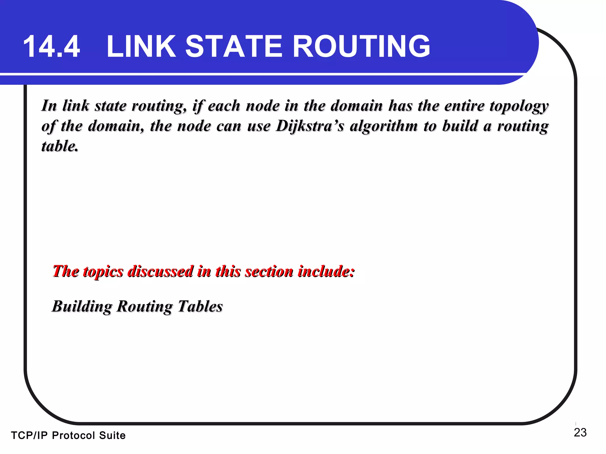 TCP/IP Protocol Suite 23
14.4 LINK STATE ROUTING
In link state routing, if each node in the domain has the entire topologyIn link state routing, if each node in the domain has the entire topology
of the domain, the node can use Dijkstra’s algorithm to build a routingof the domain, the node can use Dijkstra’s algorithm to build a routing
table.table.
The topics discussed in this section include:The topics discussed in this section include:
Building Routing TablesBuilding Routing Tables
 