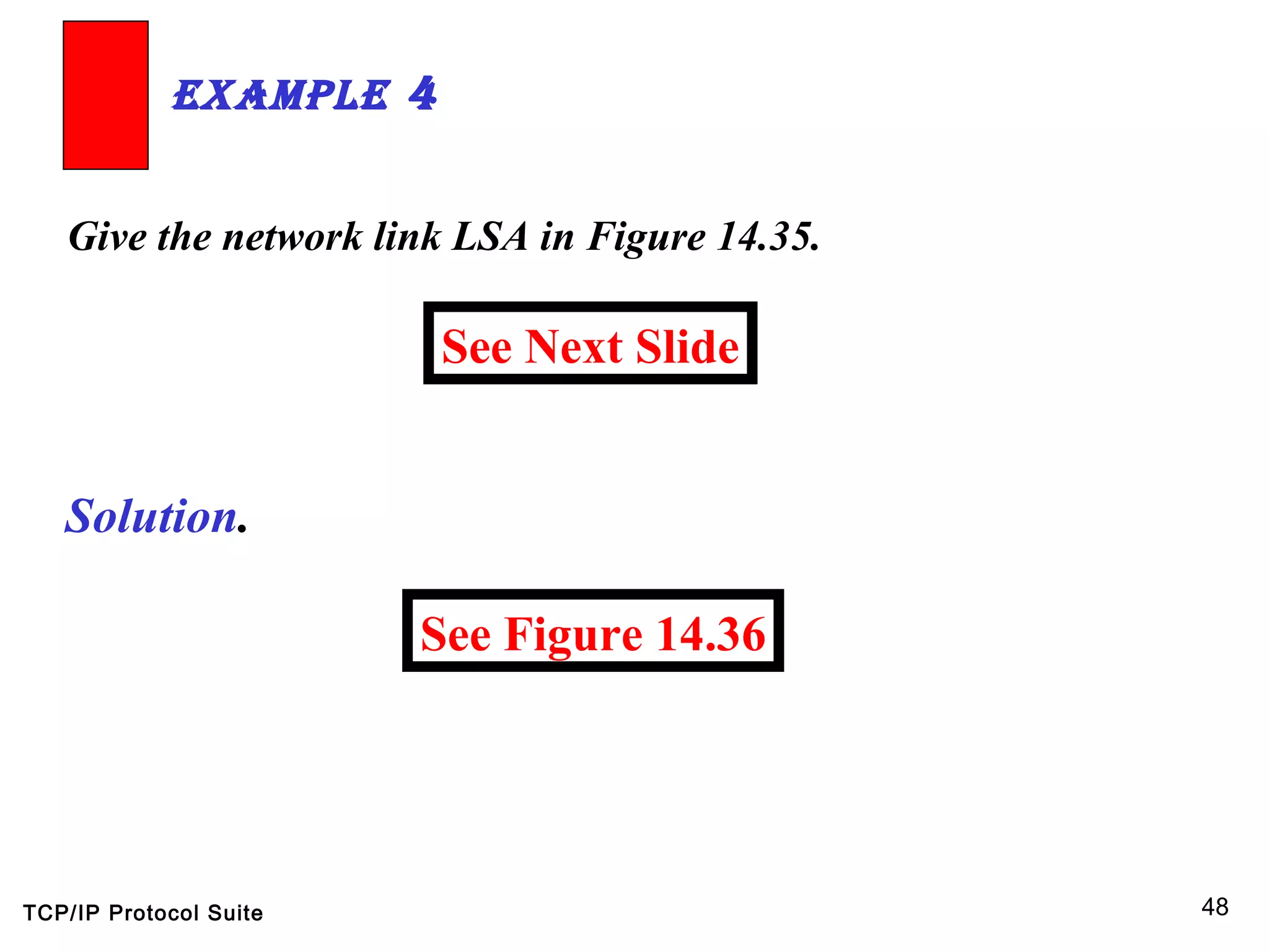 TCP/IP Protocol Suite 48
Give the network link LSA in Figure 14.35.
ExamplE 4
Solution.
See Next Slide
See Figure 14.36
 