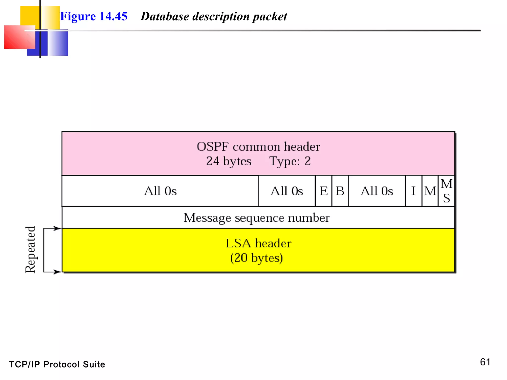 TCP/IP Protocol Suite 61
Figure 14.45 Database description packet
 