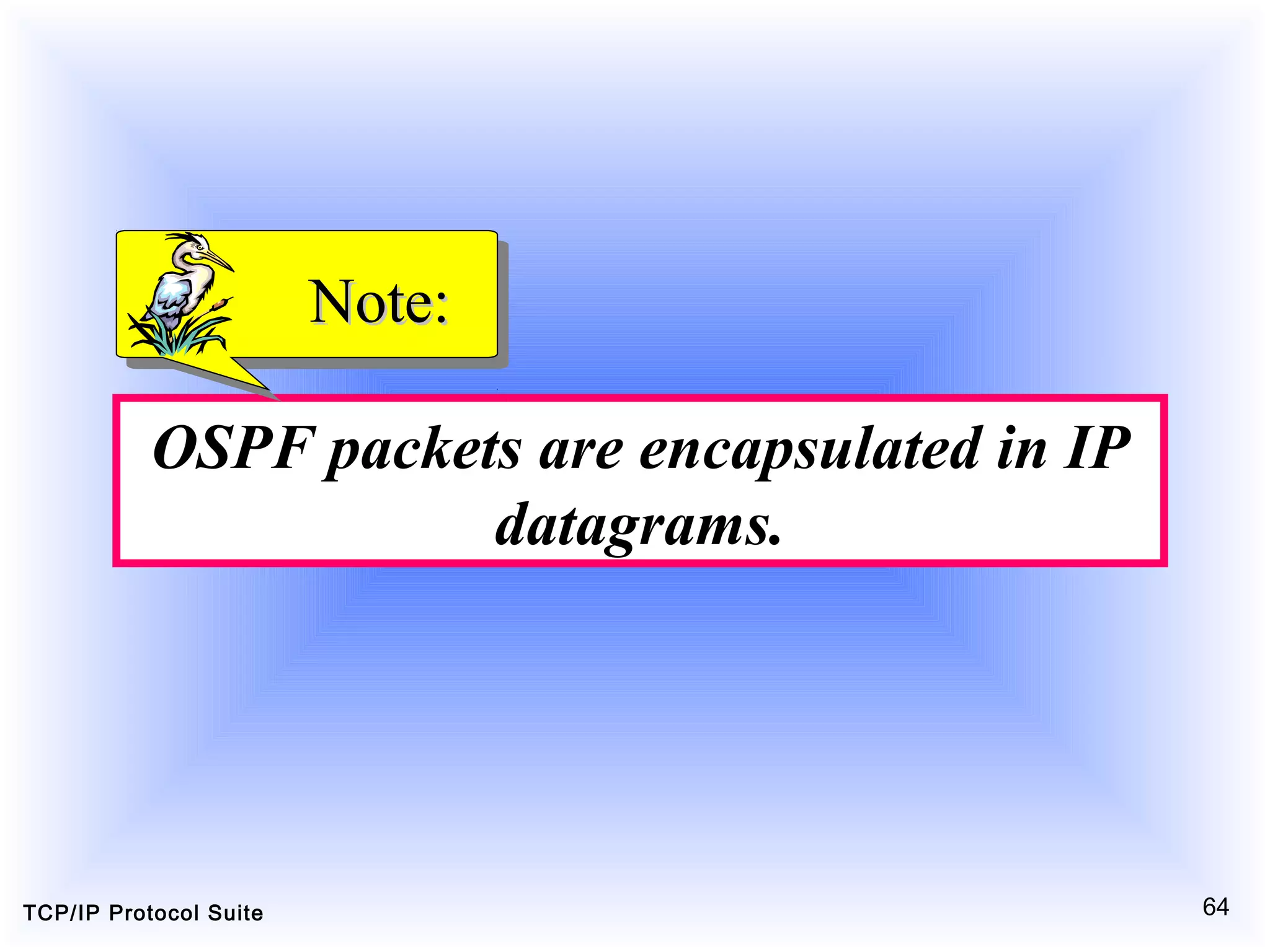 TCP/IP Protocol Suite 64
OSPF packets are encapsulated in IP
datagrams.
Note:Note:
 