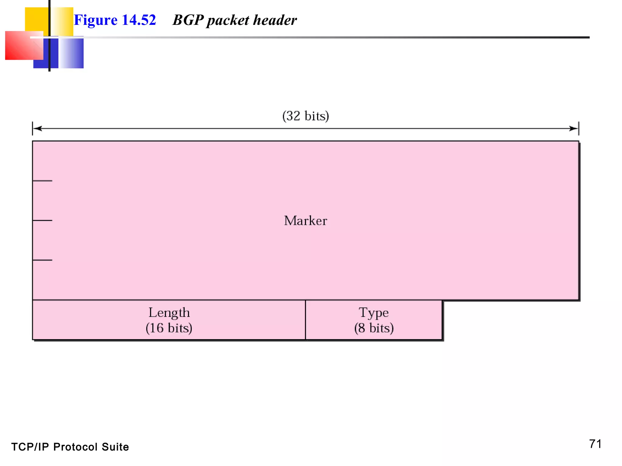 TCP/IP Protocol Suite 71
Figure 14.52 BGP packet header
 