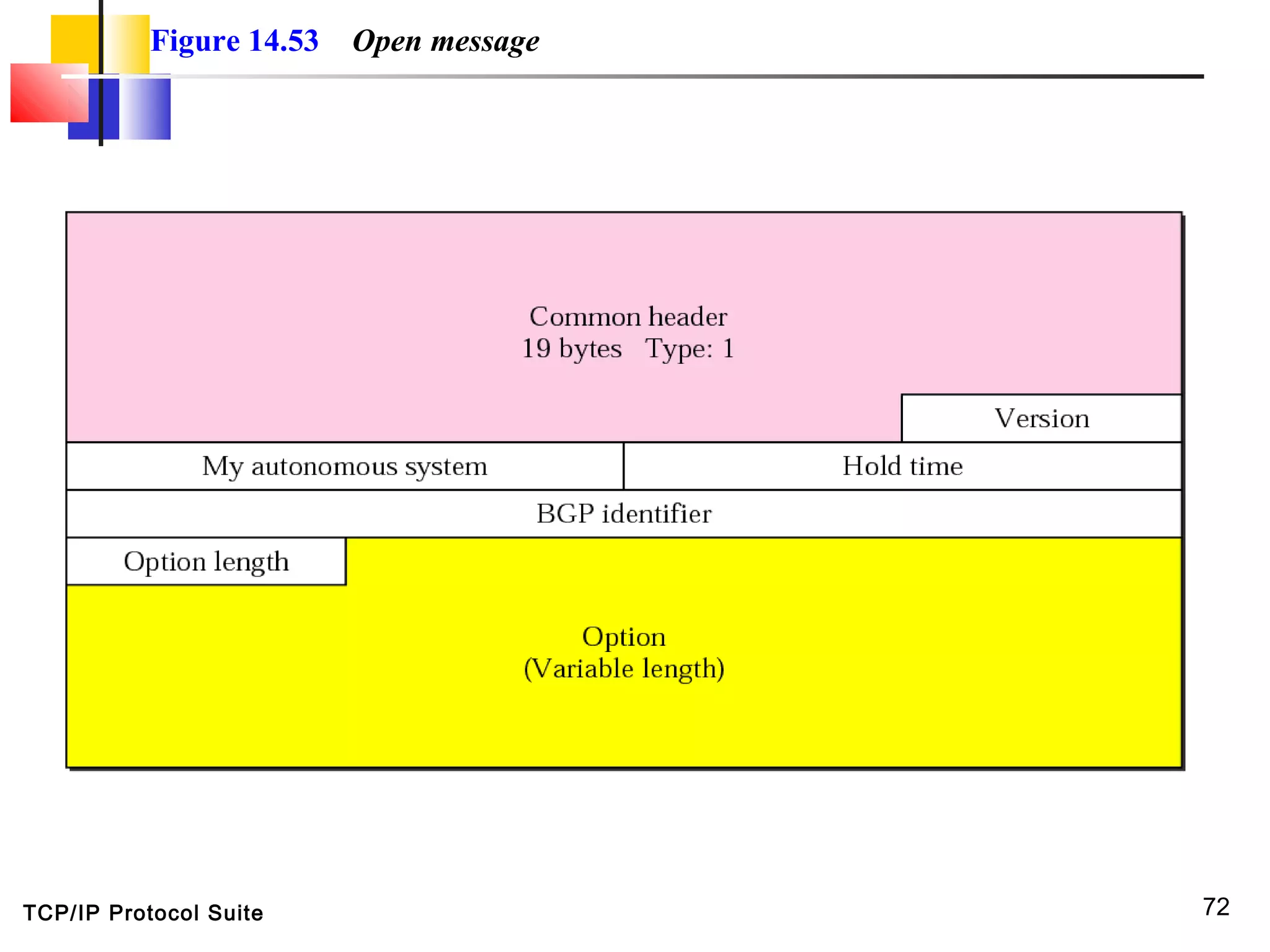 TCP/IP Protocol Suite 72
Figure 14.53 Open message
 