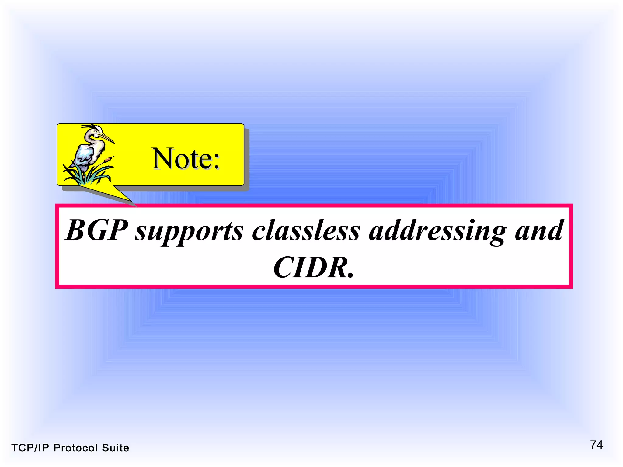 TCP/IP Protocol Suite 74
BGP supports classless addressing and
CIDR.
Note:Note:
 