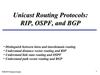 TCP/IP Protocol Suite 1
Unicast Routing Protocols:Unicast Routing Protocols:
RIP, OSPF, and BGPRIP, OSPF, and BGP
• Distinguish between intra and interdomain routing
• Understand distance vector routing and RIP
• Understand link state routing and OSPF
• Understand path vector routing and BGP
 