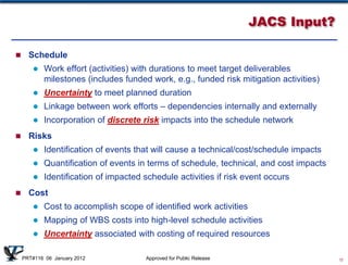JACS Input?

     Schedule
          Work effort (activities) with durations to meet target deliverables
           milestones (includes funded work, e.g., funded risk mitigation activities)
          Uncertainty to meet planned duration
          Linkage between work efforts – dependencies internally and externally
          Incorporation of discrete risk impacts into the schedule network
     Risks
          Identification of events that will cause a technical/cost/schedule impacts
          Quantification of events in terms of schedule, technical, and cost impacts
          Identification of impacted schedule activities if risk event occurs
     Cost
          Cost to accomplish scope of identified work activities
          Mapping of WBS costs into high-level schedule activities
          Uncertainty associated with costing of required resources

    PRT#116 06 January 2012           Approved for Public Release                       10
 