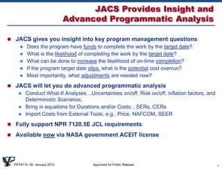 JACS Provides Insight and
                            Advanced Programmatic Analysis

 JACS gives you insight into key program management questions
        Does the program have funds to complete the work by the target date?
        What is the likelihood of completing the work by the target date?
        What can be done to increase the likelihood of on-time completion?
        If the program target date slips, what is the potential cost overrun?
        Most importantly, what adjustments are needed now?
 JACS will let you do advanced programmatic analysis
     Conduct What-If Analyses…Uncertainties on/off, Risk on/off, inflation factors, and
      Deterministic Scenarios,
     Bring in equations for Durations and/or Costs…SERs, CERs
     Import Costs from External Tools, e.g., Price, NAFCOM, SEER

 Fully support NPR 7120.5E JCL requirements

 Available now via NASA government ACEIT license




  PRT#116 06 January 2012           Approved for Public Release                            4
 