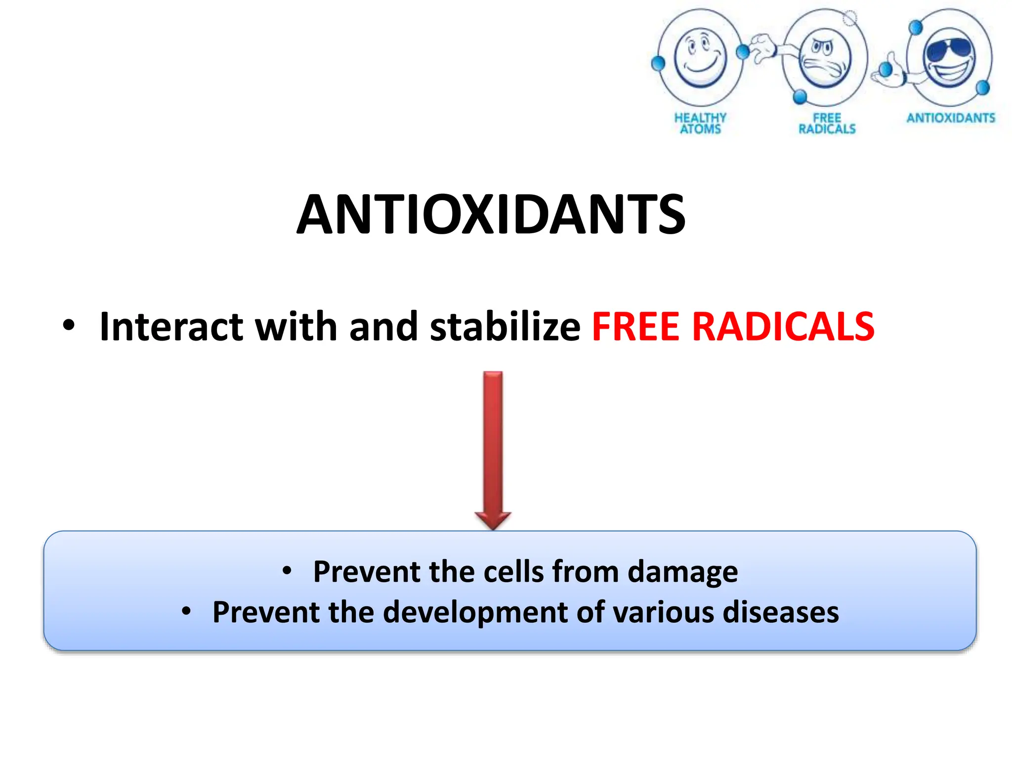ANTIOXIDANTS
• Interact with and stabilize FREE RADICALS
• Prevent the cells from damage
• Prevent the development of various diseases
 