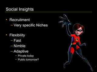 Social Insights Recruitment Very specific Niches Flexibility Fast Nimble Adaptive Private today Public tomorrow? 