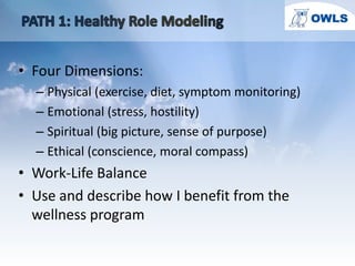 PATH 1: Healthy Role Modeling<br />Four Dimensions:<br />Physical (exercise, diet, symptom monitoring)<br />Emotional (str...