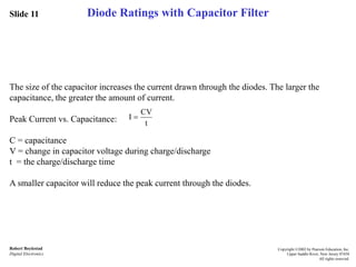 Slide 11
Robert Boylestad
Digital Electronics
Copyright ©2002 by Pearson Education, Inc.
Upper Saddle River, New Jersey 07458
All rights reserved.
Diode Ratings with Capacitor Filter
The size of the capacitor increases the current drawn through the diodes. The larger the
capacitance, the greater the amount of current.
Peak Current vs. Capacitance:
C = capacitance
V = change in capacitor voltage during charge/discharge
t = the charge/discharge time
A smaller capacitor will reduce the peak current through the diodes.
t
CV
I 
 