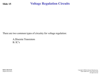 Slide 15
Robert Boylestad
Digital Electronics
Copyright ©2002 by Pearson Education, Inc.
Upper Saddle River, New Jersey 07458
All rights reserved.
Voltage Regulation Circuits
There are two common types of circuitry for voltage regulation:
A.Discrete Transistors
B. IC’s
 