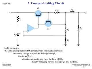 Slide 20
Robert Boylestad
Digital Electronics
Copyright ©2002 by Pearson Education, Inc.
Upper Saddle River, New Jersey 07458
All rights reserved.
2. Current-Limiting Circuit
As IL increases,
the voltage drop across RSC (short circuit sensing R) increases.
When the voltage across RSC is large enough,
it drives Q2 on,
diverting current away from the base of Q1,
thereby reducing current through Q1 and the load.
 