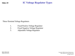 Slide 25
Robert Boylestad
Digital Electronics
Copyright ©2002 by Pearson Education, Inc.
Upper Saddle River, New Jersey 07458
All rights reserved.
IC Voltage Regulator Types
Three-Terminal Voltage Regulators
1. Fixed Positive Voltage Regulator
2. Fixed Negative Voltage Regulator
3. Adjustable Voltage Regulator
 