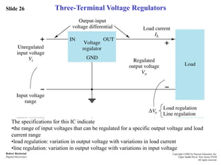 Slide 26
Robert Boylestad
Digital Electronics
Copyright ©2002 by Pearson Education, Inc.
Upper Saddle River, New Jersey 07458
All rights reserved.
Three-Terminal Voltage Regulators
The specifications for this IC indicate
•the range of input voltages that can be regulated for a specific output voltage and load
current range
•load regulation: variation in output voltage with variations in load current
•line regulation: variation in output voltage with variations in input voltage
 