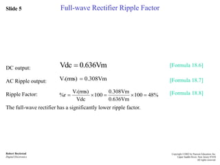 Slide 5
Robert Boylestad
Digital Electronics
Copyright ©2002 by Pearson Education, Inc.
Upper Saddle River, New Jersey 07458
All rights reserved.
Full-wave Rectifier Ripple Factor
DC output:
AC Ripple output:
Ripple Factor:
The full-wave rectifier has a significantly lower ripple factor.
[Formula 18.6]
[Formula 18.7]
[Formula 18.8]
0.636VmVdc 
0.308Vm(rms)Vr 
%48100
0.636Vm
0.308Vm
100
Vdc
(rms)V
%r
r

 