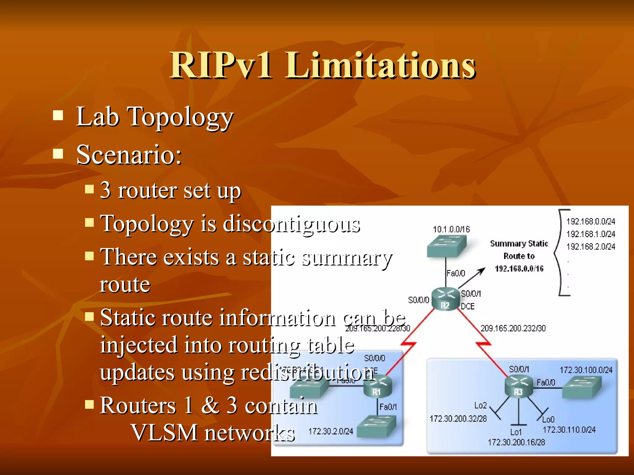RIPv1 Limitations Lab Topology Scenario: 3 router set up Topology is discontiguous There exists a static summary route Static route information can be injected into routing table updates using redistribution Routers 1 & 3 contain  VLSM networks 