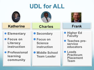 UDL for ALL


  Katherine          Charles             Frank
 Elementary       Secondary        Higher Ed
                                      Faculty
 Focus on         Focus on         Teaches pre-
  Literacy          Science           service
  instruction       instruction       educators
 Professional     Middle School    Leads
  learning          Team Leader       Practicum
                                      Placement
  community                           Team
 
