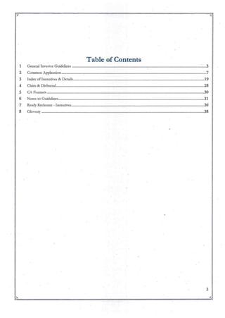 ~:-----------------------------------------~~
r ~
Table of Contents
1 General Investor Guidelines : .3
2 Common Application : 7
3 Index of Incentives & Details 19
4 Claim & Disbursal 28
5 CA Formats .30
6 Notes to Guidelines , 31
·7 Ready Reckoner - Incentives .36
8 Glossary .38
2
~ ~
~:.. ~~ ...;;r.
 