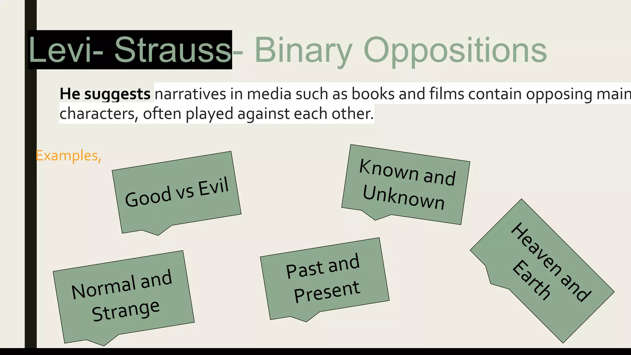 Levi- Strauss- Binary Oppositions
He suggests narratives in media such as books and films contain opposing main
characters, often played against each other.
Examples,
 