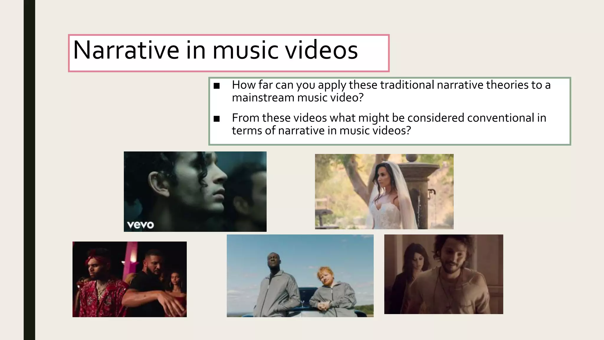 Narrative in music videos
■ How far can you apply these traditional narrative theories to a
mainstream music video?
■ From these videos what might be considered conventional in
terms of narrative in music videos?
 