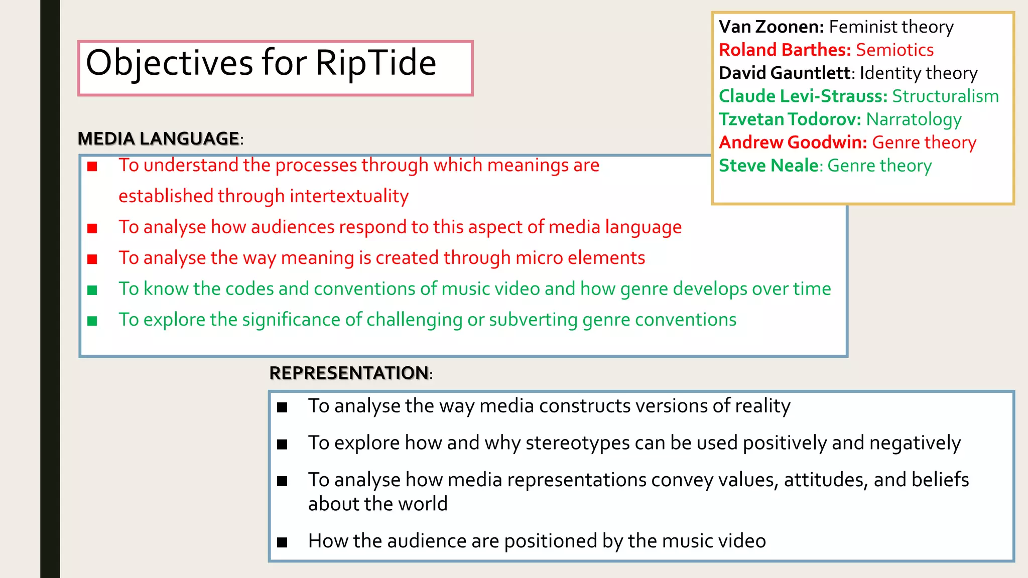 Objectives for RipTide
■ To understand the processes through which meanings are
established through intertextuality
■ To analyse how audiences respond to this aspect of media language
■ To analyse the way meaning is created through micro elements
■ To know the codes and conventions of music video and how genre develops over time
■ To explore the significance of challenging or subverting genre conventions
MEDIA LANGUAGE:
REPRESENTATION:
■ To analyse the way media constructs versions of reality
■ To explore how and why stereotypes can be used positively and negatively
■ To analyse how media representations convey values, attitudes, and beliefs
about the world
■ How the audience are positioned by the music video
Van Zoonen: Feminist theory
Roland Barthes: Semiotics
David Gauntlett: Identity theory
Claude Levi-Strauss: Structuralism
TzvetanTodorov: Narratology
Andrew Goodwin: Genre theory
Steve Neale: Genre theory
 