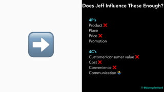 4P’s
Product ❌
Place
Price ❌
Promotion
4C’s
Customer/consumer value ❌
Cost ❌
Convenience ❌
Communication 🤷
// @dannydenhard
➡
Does Jeff Inﬂuence These Enough?
 